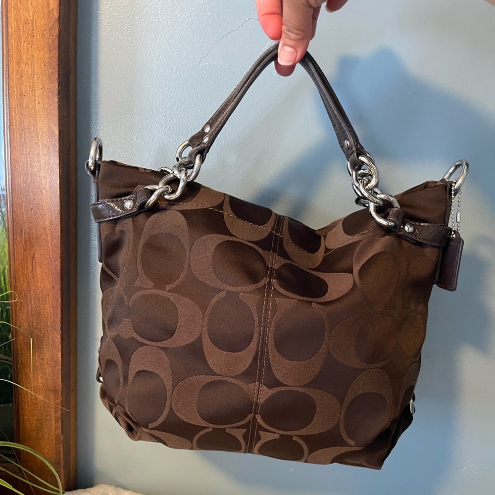 Coach Chocolate Brown Signature Canvas Shoulder Bag with Chain-Link Straps